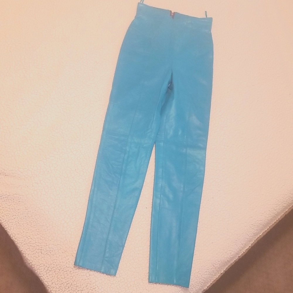 Turquoise kid skin leather pants